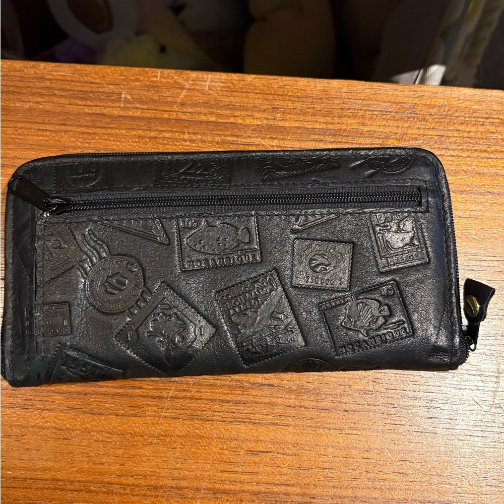 Vintage Travel Stamp Embossed Leather Zip Wallet
